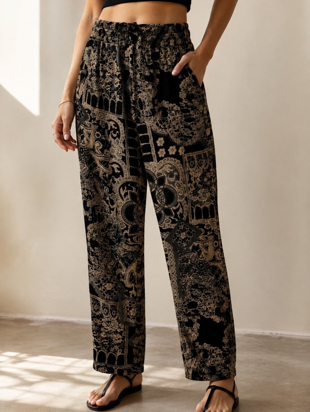 Love Tree Black & Beige Paisley Print Relaxed Pants – Size Large
